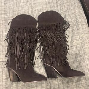 Fringe Suede Heeled Boots - Chocolate Brown